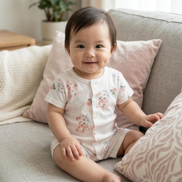 竹纖維短袖連身衣-花朵小熊 竹纖維連身衣,嬰兒短袖連身衣,台灣製童裝,竹纖維童裝,包屁衣推薦,親膚嬰兒服,吸濕排汗童裝,環保印染,夏季連身衣,花朵小熊