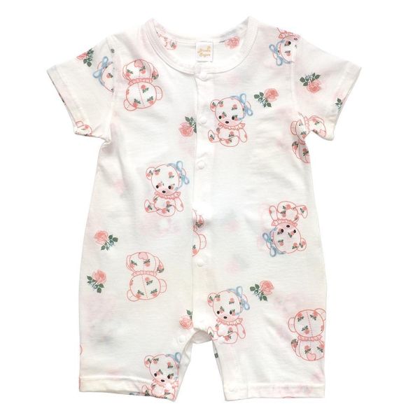 竹纖維短袖連身衣-花朵小熊 竹纖維連身衣,嬰兒短袖連身衣,台灣製童裝,竹纖維童裝,包屁衣推薦,親膚嬰兒服,吸濕排汗童裝,環保印染,夏季連身衣,花朵小熊