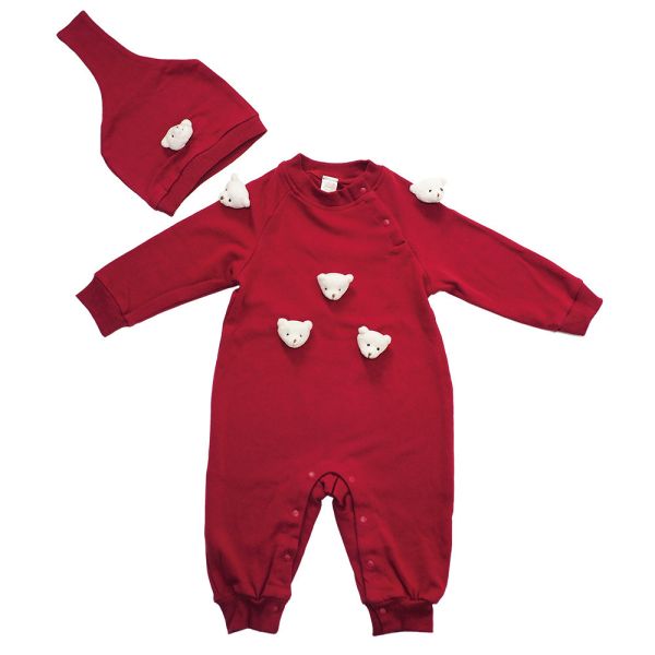 純棉連身衣套裝-紅色熊熊 秋冬寶寶衣,寶寶保暖衣,嬰兒長袖連身衣,有機棉寶寶衣,新生兒厚棉服,嬰兒外出服,秋冬嬰兒服飾,台灣製嬰兒衣,保暖和尚服