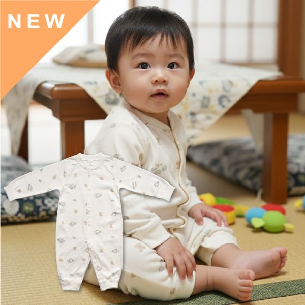 有機棉排扣式長袖連身衣-綠葉小熊 有機棉,秋冬寶寶衣,寶寶睡衣,一件式,嬰兒睡衣,台灣製造敏感肌衣服,透氣衣物,天然有機棉