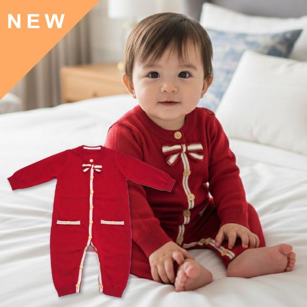 針織連身衣-紅色領結 寶寶連身衣,嬰兒包屁衣,針織童裝,紅色連身褲,寶寶過年衣服,男嬰紳士服,嬰幼兒保暖衣物,條紋領結童裝,滿月禮物推薦,兒童針織衫,嬰兒紅色套裝,寶寶節慶穿搭,嬰兒開襟連身衣