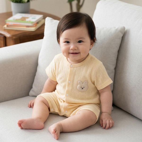 有機棉短袖連身衣-可愛小兔(米) 有機棉短袖連身衣,可愛小兔,100%有機棉,台灣製童裝,環保印染,嬰兒親膚衣物,包屁衣,寶寶外出服