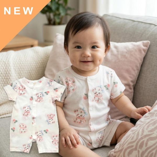 竹纖維短袖連身衣-花朵小熊 竹纖維連身衣,嬰兒短袖連身衣,台灣製童裝,竹纖維童裝,包屁衣推薦,親膚嬰兒服,吸濕排汗童裝,環保印染,夏季連身衣,花朵小熊