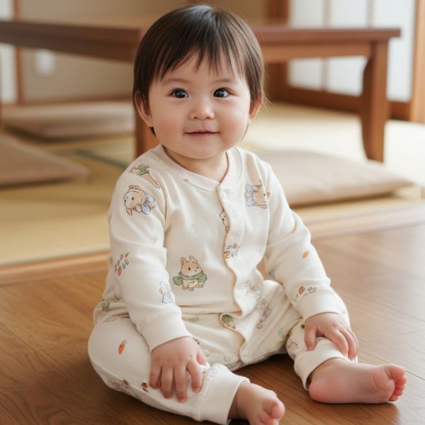 有機棉排扣式長袖連身衣-圍巾小兔 有機棉連身衣,GOTS有機棉,台灣製嬰兒服,低敏童裝,新生兒有機棉,無毒嬰幼兒服飾,有機棉兔裝,嬰兒有機棉衣物