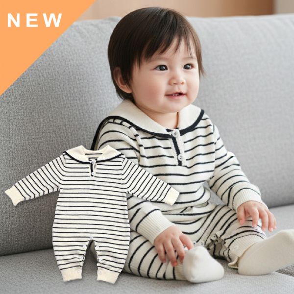 海軍風條紋針織連身衣 寶寶連身衣,嬰兒針織衫,海軍風童裝,水手領,包屁衣,哈衣,秋冬童裝,彌月禮物,棉質連身衣,條紋哈衣