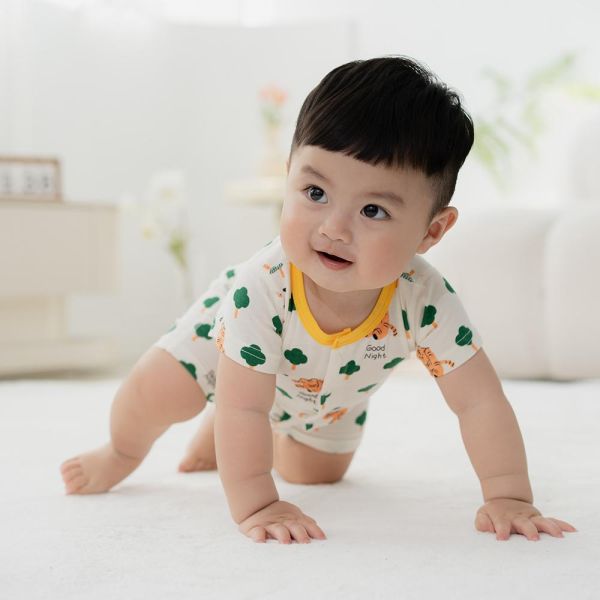 薄棉短袖連身衣-森林小虎 薄棉短袖連身衣,森林小虎,100%純棉,台灣製童裝,環保印染,嬰兒夏日服裝,包屁衣,寶寶外出服