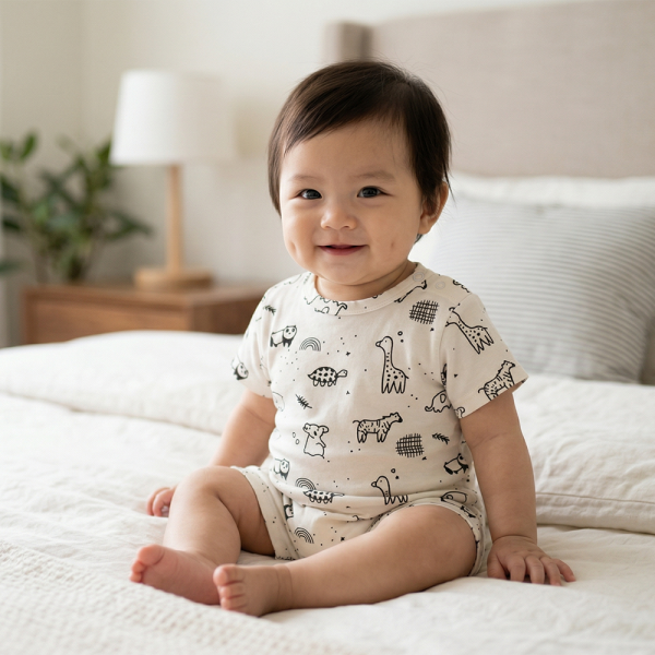 薄棉短袖連身衣-塗鴉動物 薄棉短袖連身衣,紅蘿蔔小兔,100%純棉,台灣製童裝,環保印染,嬰兒棉質衣物,透氣連身衣,寶寶夏日服飾