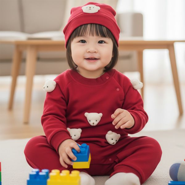 純棉連身衣套裝-紅色熊熊 秋冬寶寶衣,寶寶保暖衣,嬰兒長袖連身衣,有機棉寶寶衣,新生兒厚棉服,嬰兒外出服,秋冬嬰兒服飾,台灣製嬰兒衣,保暖和尚服