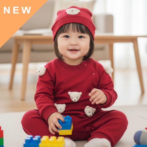 純棉連身衣套裝-紅色熊熊 秋冬寶寶衣,寶寶保暖衣,嬰兒長袖連身衣,有機棉寶寶衣,新生兒厚棉服,嬰兒外出服,秋冬嬰兒服飾,台灣製嬰兒衣,保暖和尚服