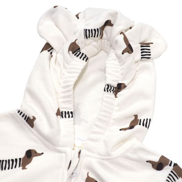 有機棉連帽雙拉鍊長袖連身衣-彈簧狗 有機棉童裝, 寶寶連帽連身衣, 彈簧狗連身衣, 100%有機棉, MIT童裝, 台灣製造嬰兒服, 親膚透氣連身衣, 嬰幼兒連身衣, 可愛童裝推薦, 友善環境服飾, 寶寶穿搭, 彈簧狗圖案, 無毒有機棉質連身衣, 嬰兒連帽衫。