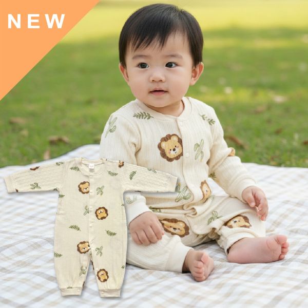 有機棉緹花連身衣-綠洲獅子 有機棉,秋冬寶寶衣,寶寶睡衣,一件式,嬰兒睡衣,台灣製造敏感肌衣服,透氣衣物,天然有機棉