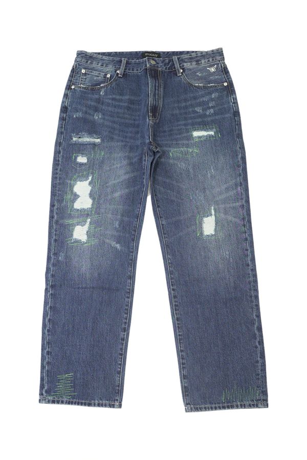 STUGAZI DYING DENIM BLUE 藍色割破刺繡丹寧長褲 藍色割破刺繡丹寧長褲,設計師,日本製,設計項鍊,潮流飾品,選品,設計搭配,設計服裝,潮流服飾,潮流搭配,搭配教學,潮流穿搭,時尚搭配,手錶,潮流品牌,精選商品,優質商品,黃銅,鍍銀,珍珠,蝴蝶,貝殼,頸鍊