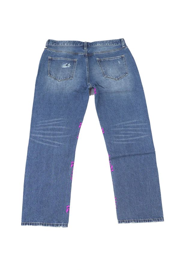 STUGAZI MESSAGE DENIM BLUE 藍色刺繡割破丹寧長褲 藍色刺繡割破丹寧長褲,設計師,日本製,設計項鍊,潮流飾品,選品,設計搭配,設計服裝,潮流服飾,潮流搭配,搭配教學,潮流穿搭,時尚搭配,手錶,潮流品牌,精選商品,優質商品,黃銅,鍍銀,珍珠,蝴蝶,貝殼,頸鍊