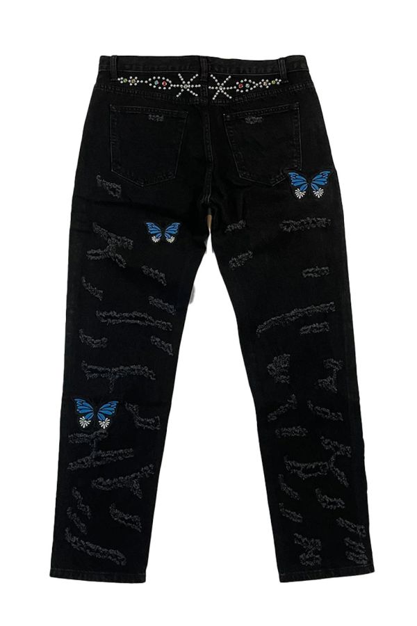 STUGAZI DENIM x CRAWING DEATH BUTTERFLY RHINESTONE DAMAGED DENIM 鉚釘割破丹寧長褲 黑色鉚釘單寧割破長褲,設計師,日本製,設計項鍊,潮流飾品,選品,設計搭配,設計服裝,潮流服飾,潮流搭配,搭配教學,潮流穿搭,時尚搭配,手錶,潮流品牌,精選商品,優質商品,黃銅,鍍銀,珍珠,蝴蝶,貝殼,頸鍊