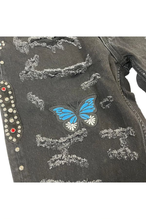 STUGAZI DENIM x CRAWING DEATH BUTTERFLY RHINESTONE DAMAGED DENIM 鉚釘割破丹寧長褲 黑色鉚釘單寧割破長褲,設計師,日本製,設計項鍊,潮流飾品,選品,設計搭配,設計服裝,潮流服飾,潮流搭配,搭配教學,潮流穿搭,時尚搭配,手錶,潮流品牌,精選商品,優質商品,黃銅,鍍銀,珍珠,蝴蝶,貝殼,頸鍊