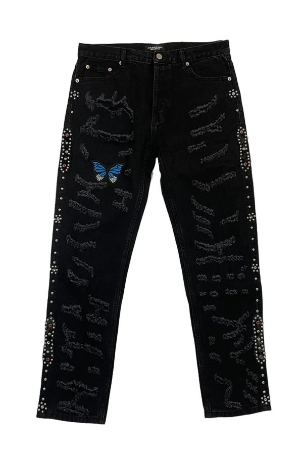 STUGAZI DENIM x CRAWING DEATH BUTTERFLY RHINESTONE DAMAGED DENIM 鉚釘割破丹寧長褲 黑色鉚釘單寧割破長褲,設計師,日本製,設計項鍊,潮流飾品,選品,設計搭配,設計服裝,潮流服飾,潮流搭配,搭配教學,潮流穿搭,時尚搭配,手錶,潮流品牌,精選商品,優質商品,黃銅,鍍銀,珍珠,蝴蝶,貝殼,頸鍊