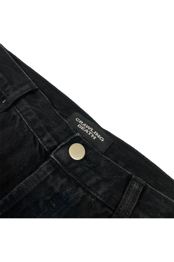 STUGAZI DENIM x CRAWING DEATH BUTTERFLY RHINESTONE DAMAGED DENIM 鉚釘割破丹寧長褲 黑色鉚釘單寧割破長褲,設計師,日本製,設計項鍊,潮流飾品,選品,設計搭配,設計服裝,潮流服飾,潮流搭配,搭配教學,潮流穿搭,時尚搭配,手錶,潮流品牌,精選商品,優質商品,黃銅,鍍銀,珍珠,蝴蝶,貝殼,頸鍊