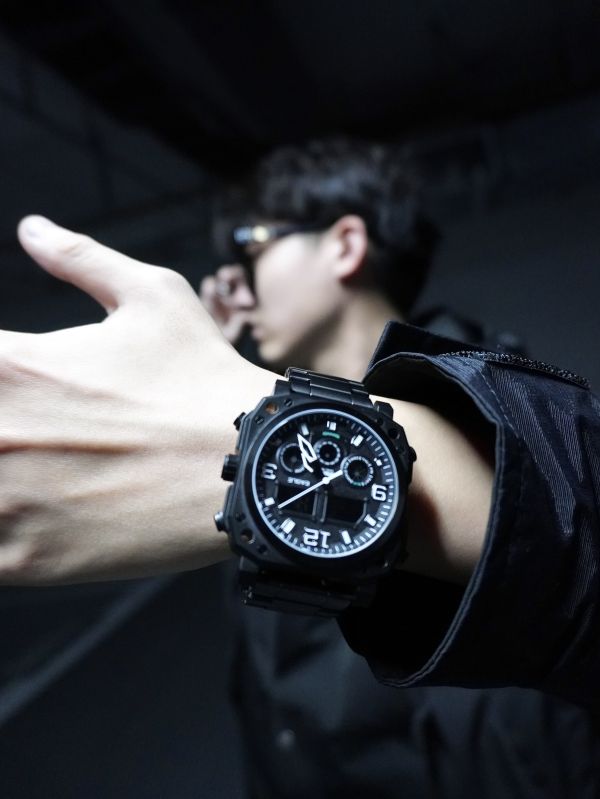 Digital Analog Dual Time Men's Watch 數位類比雙時男士手錶 - 黑金屬錶帶 