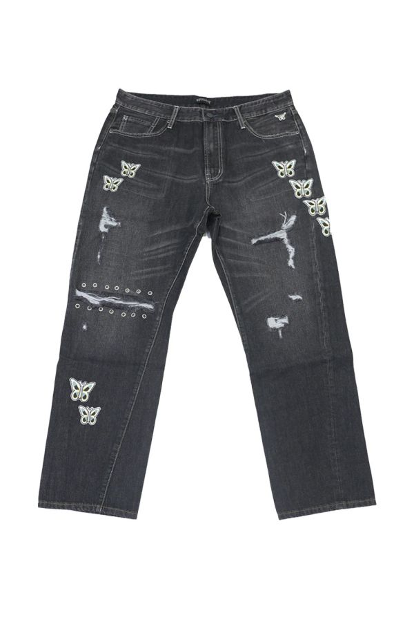 STUGAZI BUTTERFLY CRUSHED DENIM 黑色膝蓋鉚釘割破丹寧長褲 黑色膝蓋鉚釘丹寧割破長褲,設計師,日本製,設計項鍊,潮流飾品,選品,設計搭配,設計服裝,潮流服飾,潮流搭配,搭配教學,潮流穿搭,時尚搭配,手錶,潮流品牌,精選商品,優質商品,黃銅,鍍銀,珍珠,蝴蝶,貝殼,頸鍊