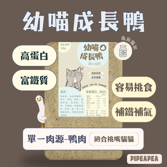 貓咪寵物鮮食-單一肉源幼喵成長鴨（鴨肉配方） 幼貓鴨肉鮮食、單一肉源貓鮮食、低敏貓鮮食、幼貓營養紅肉、貓咪補鐵推薦
	•	幼貓可以吃鴨肉嗎
	•	貓咪貧血怎麼補鐵
	•	幼貓紅肉 vs. 白肉
	•	貓咪 Omega-3 推薦
	•	幼貓換食不適應怎麼辦
	•	Pipeapea成長鴨
	•	Pipeapea單一鴨肉鮮食
	•	Pipeapea幼貓營養鮮食