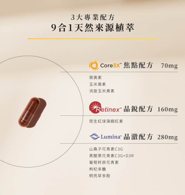 9合1葉黃素消旋玉米黃素【葉黃素10mg,消旋玉米黃素2mg,蝦紅素8mg,花青素】 