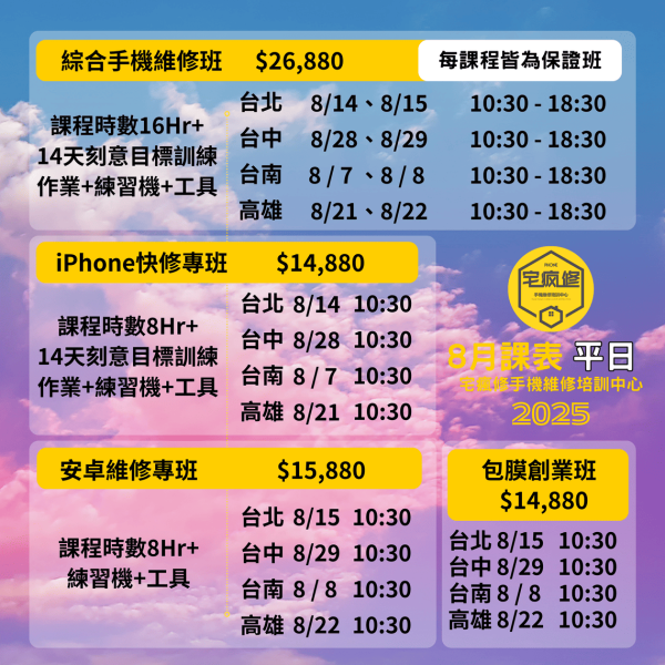 2025_5月、6月、7月、8月、9月課程表 iPhone維修培訓,
iPhone維修工程師,維修培訓班,增加收入,技術培訓,手機維修課程,iPhone維修培訓
Android維修課程
手機維修工程師
維修技能培訓
增加收入
電子技術基礎
維修工具使用
手機拆解教學
免費複習制度
高收入技能