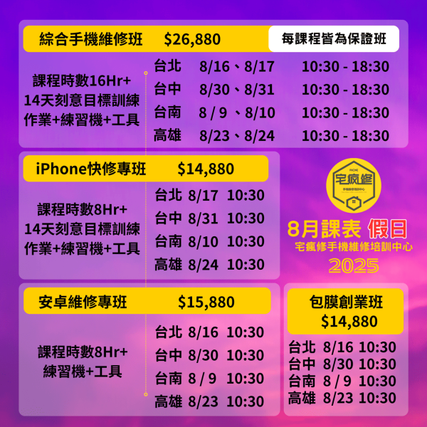 2025_5月、6月、7月、8月、9月課程表 iPhone維修培訓,
iPhone維修工程師,維修培訓班,增加收入,技術培訓,手機維修課程,iPhone維修培訓
Android維修課程
手機維修工程師
維修技能培訓
增加收入
電子技術基礎
維修工具使用
手機拆解教學
免費複習制度
高收入技能