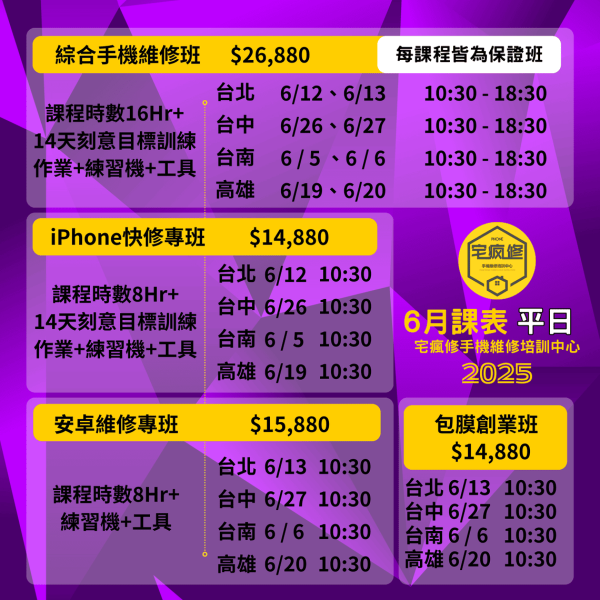 2025_5月、6月、7月、8月、9月課程表 iPhone維修培訓,
iPhone維修工程師,維修培訓班,增加收入,技術培訓,手機維修課程,iPhone維修培訓
Android維修課程
手機維修工程師
維修技能培訓
增加收入
電子技術基礎
維修工具使用
手機拆解教學
免費複習制度
高收入技能
