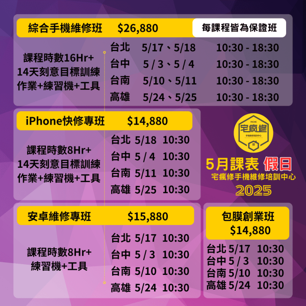 2025_5月、6月、7月、8月、9月課程表 iPhone維修培訓,
iPhone維修工程師,維修培訓班,增加收入,技術培訓,手機維修課程,iPhone維修培訓
Android維修課程
手機維修工程師
維修技能培訓
增加收入
電子技術基礎
維修工具使用
手機拆解教學
免費複習制度
高收入技能