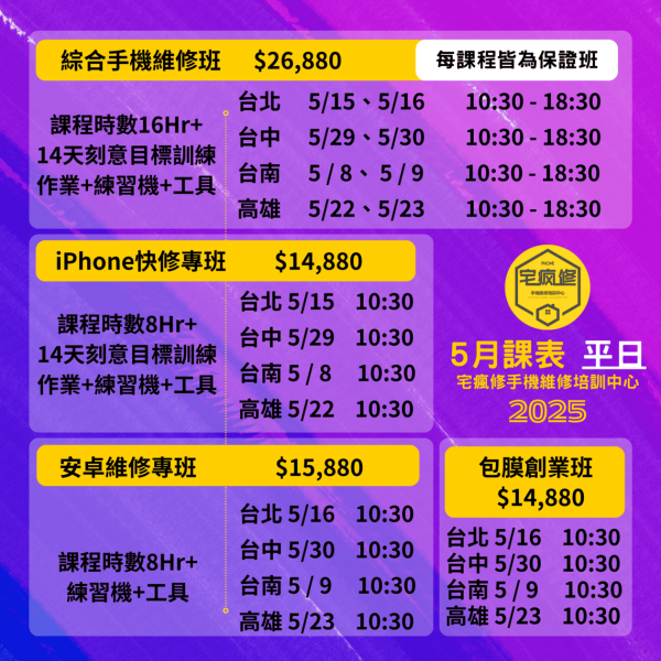 2025_5月、6月、7月、8月、9月課程表 iPhone維修培訓,
iPhone維修工程師,維修培訓班,增加收入,技術培訓,手機維修課程,iPhone維修培訓
Android維修課程
手機維修工程師
維修技能培訓
增加收入
電子技術基礎
維修工具使用
手機拆解教學
免費複習制度
高收入技能