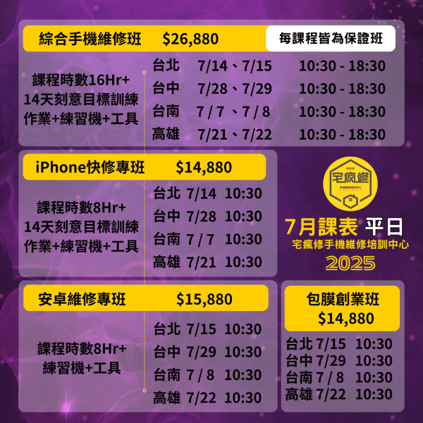 2025_5月、6月、7月、8月、9月課程表 iPhone維修培訓,
iPhone維修工程師,維修培訓班,增加收入,技術培訓,手機維修課程,iPhone維修培訓
Android維修課程
手機維修工程師
維修技能培訓
增加收入
電子技術基礎
維修工具使用
手機拆解教學
免費複習制度
高收入技能
