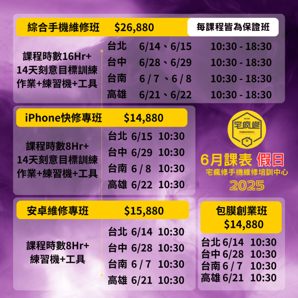 2025_5月、6月、7月、8月、9月課程表 iPhone維修培訓,
iPhone維修工程師,維修培訓班,增加收入,技術培訓,手機維修課程,iPhone維修培訓
Android維修課程
手機維修工程師
維修技能培訓
增加收入
電子技術基礎
維修工具使用
手機拆解教學
免費複習制度
高收入技能