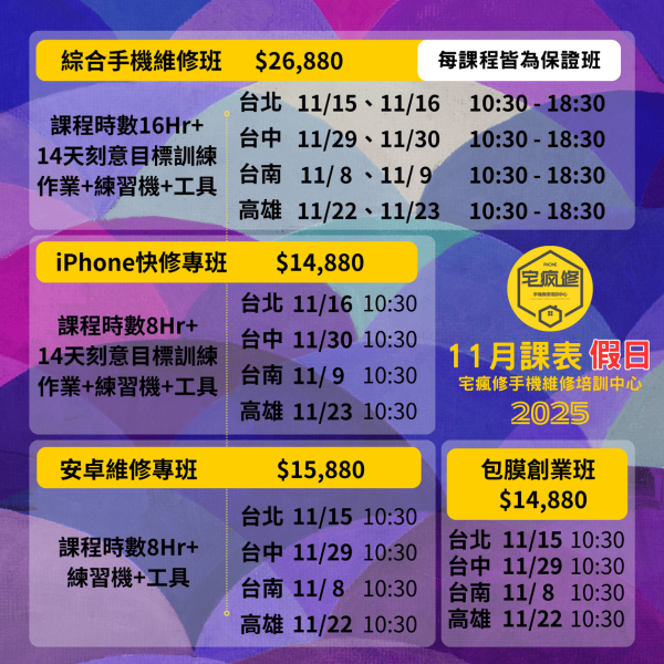 2025年10月、11月、12月課程表 iPhone維修培訓
Android維修課程
手機維修工程師
維修技能培訓
增加收入
電子技術基礎
維修工具使用
手機拆解教學
免費複習制度
高收入技能