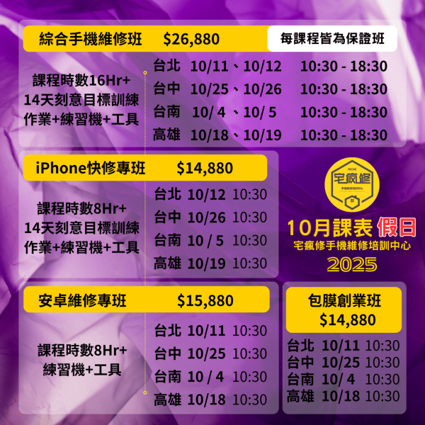 2025年10月、11月、12月課程表 iPhone維修培訓
Android維修課程
手機維修工程師
維修技能培訓
增加收入
電子技術基礎
維修工具使用
手機拆解教學
免費複習制度
高收入技能