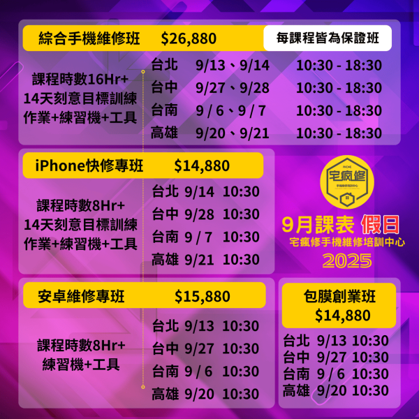 2025_5月、6月、7月、8月、9月課程表 iPhone維修培訓,
iPhone維修工程師,維修培訓班,增加收入,技術培訓,手機維修課程,iPhone維修培訓
Android維修課程
手機維修工程師
維修技能培訓
增加收入
電子技術基礎
維修工具使用
手機拆解教學
免費複習制度
高收入技能