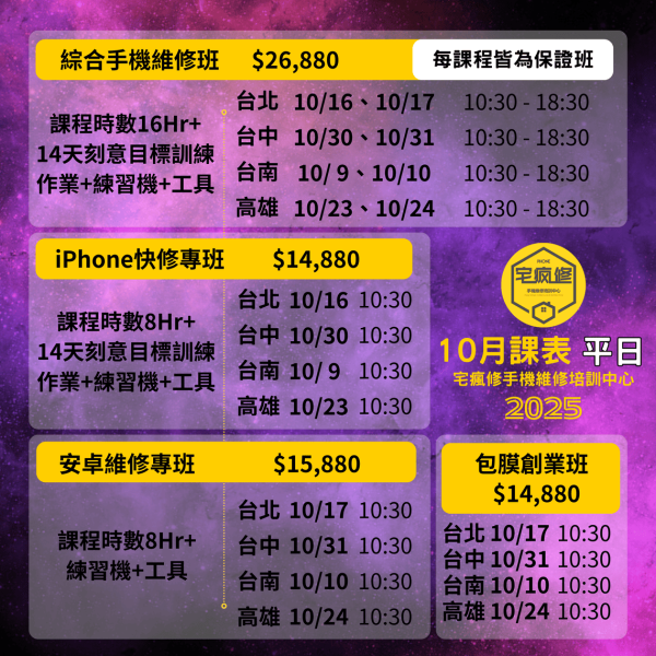 2025年10月、11月、12月課程表 iPhone維修培訓
Android維修課程
手機維修工程師
維修技能培訓
增加收入
電子技術基礎
維修工具使用
手機拆解教學
免費複習制度
高收入技能