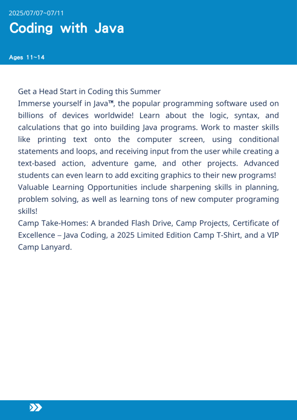 Java程式設計  Coding with Java-2025-UCLA Summer Camp Java 編程夏令營, 美國遊學課程, 在 UCLA 上課, 小學生程式設計營, Java 語言入門, 遊戲程式設計, 青少年學習編程, 互動遊戲開發, 邏輯思考與解題能力, 美國兒童夏令營, Java 基礎教學, 程式語法與計算練習, 使用者輸入與流程控制, 美國遊學推薦, 2025 編程夏令營