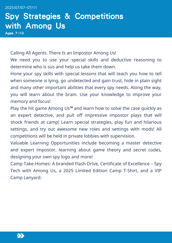 Among Us間諜策略與競賽  Spy Strategies & Competitions with Among Us-2025-UCLA Summer Camp Among Us 夏令營, 美國遊學課程, 在 UCLA 上課, 推理營推薦, 間諜營隊, 小學生偵探課程, 遊戲化學習營, Among Us 教學, 邏輯推理夏令營, 美國兒童夏令營, Among Us 策略訓練, 秘密代碼課程, 美式角色扮演課程, 美國遊學推薦, 2025 遊戲營隊