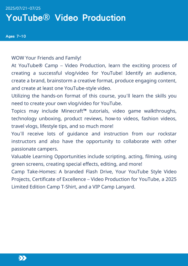 YouTube®影片製作  YouTube® Video Production-2025-UCLA Summer Camp YouTube 夏令營, 美國遊學課程, 在 UCLA 上課, 影片製作營隊, vlog 拍攝課程, 小學生剪輯課程, YouTube 創作營, 綠幕特效教學, 影像剪輯入門, 影片剪輯夏令營, 遊戲影片製作, Minecraft 攻略影片課程, 開箱影片營隊, 美國遊學推薦, 創意影片設計
