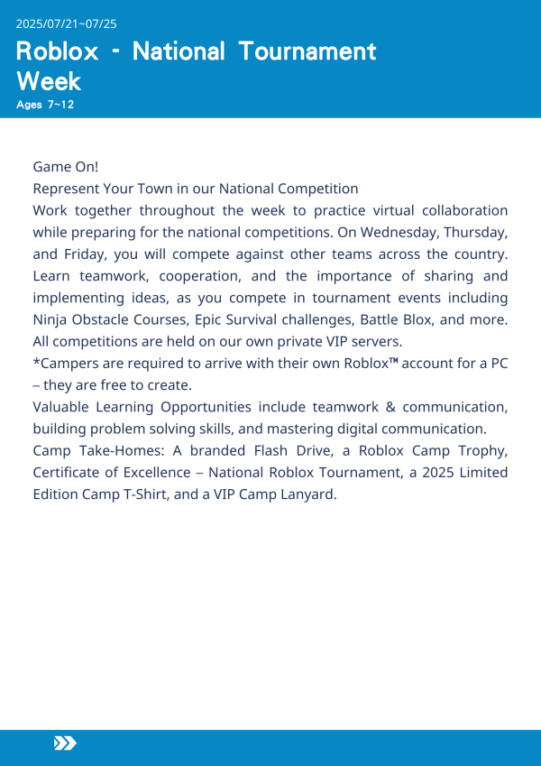 Roblox全國錦標賽  Roblox - National Tournament Week-2025-UCLA Summer Camp 美國遊學,UCLA夏令營,Roblox營隊,全國競賽營,數位協作課程,兒童遊學,名校遊學,多人對戰遊戲,團隊合作訓練,夏令營推薦,洛杉磯遊學