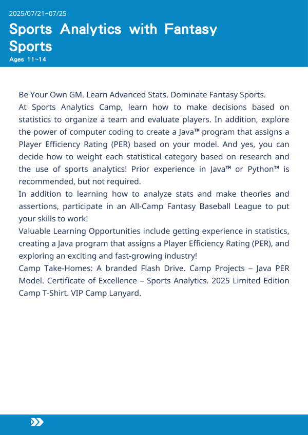 運動數據分析與夢幻組織  Sports Analytics with Fantasy Sports-2025-UCLA Summer Camp 美國遊學,UCLA夏令營,運動分析營,Fantasy Sports,Java程式設計,體育統計,兒童遊學,名校遊學,數據分析課程,程式建模,夏令營推薦,洛杉磯遊學