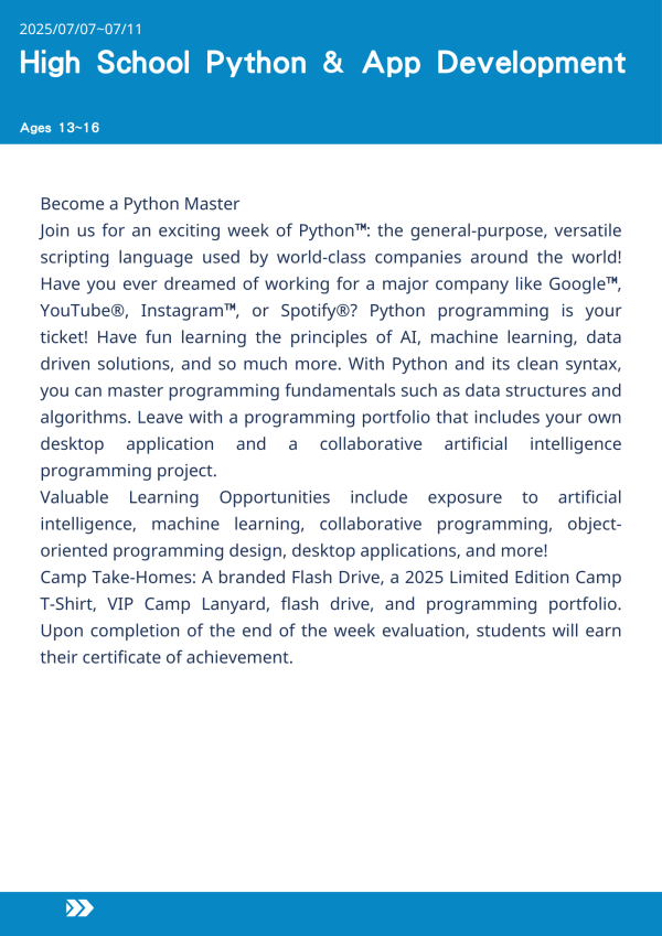 中學Python與應用程式開發  High School Python & App Development-2025-UCLA Summer Camp Python 編程夏令營, 美國遊學課程, 在 UCLA 上課, AI 與機器學習, 青少年程式設計營, Python 語法教學, 物件導向設計, 資料結構與演算法, 桌面應用程式開發, AI 協作專案, 程式設計作品集, 美國兒童夏令營, 編程技能訓練, 美國遊學推薦, 2025 Python 夏令營