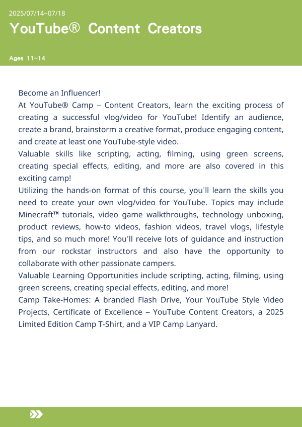 YouTube®創作者  YouTube® Content Creators-2025-UCLA Summer Camp 美國遊學,UCLA夏令營,YouTube營隊,影音創作課程,兒童遊學,名校遊學,腳本撰寫,剪輯教學,綠幕特效,個人品牌經營,夏令營推薦,洛杉磯遊學