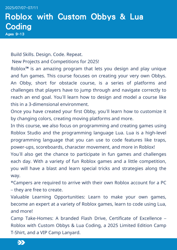 Roblox自訂障礙賽與Lua編程  Roblox with Custom Obbys & Lua Coding-2025-UCLA Summer Camp Roblox 夏令營, 美國遊學課程, 在 UCLA 上課, Roblox Lua 編程, Obby 設計課程, 小學生程式營, Roblox Studio 教學, 青少年遊戲設計營, 美國兒童夏令營, Lua 遊戲開發, Roblox 建模與程式設計, 編程夏令營 2025, Roblox 障礙賽創作, 美國遊學推薦, Roblox 程式設計營