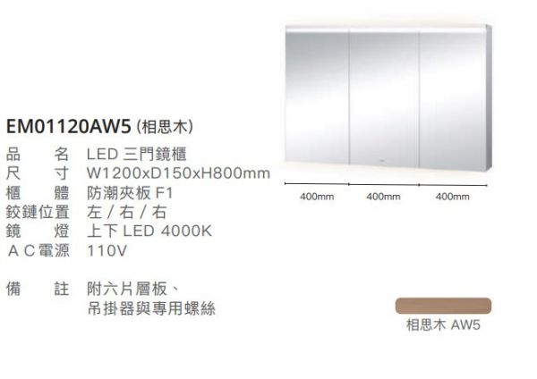 凱撒 LED三門鏡櫃-120CM EM01120A/EM01120ATG/EM01120AW1/EM01120AW5 