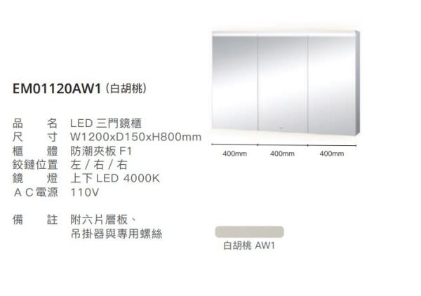 凱撒 LED三門鏡櫃-120CM EM01120A/EM01120ATG/EM01120AW1/EM01120AW5 