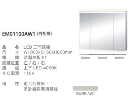 凱撒 LED三門鏡櫃-100CM EM01100A/EM01100ATG/EM01100AW1/EM01100AW5 