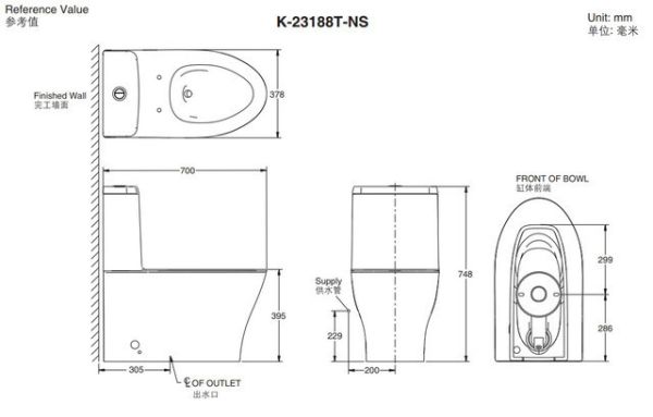 Kohler-Family Care 水漩風單體馬桶 (白,不含緩降蓋,305mm),700*378*748mm 