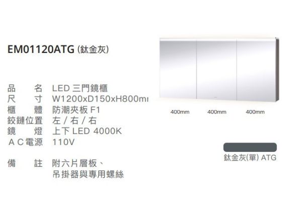 凱撒 LED三門鏡櫃-120CM EM01120A/EM01120ATG/EM01120AW1/EM01120AW5 