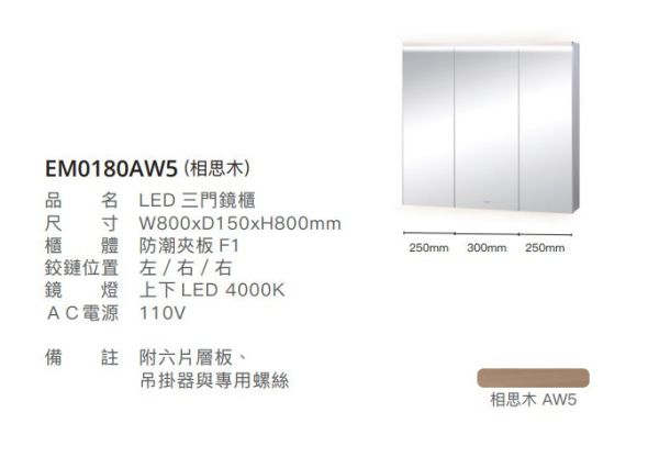 凱撒 LED三門鏡櫃-80CM EM0180A/EM0180ATG/EM0180AW1/EM0180AW5 